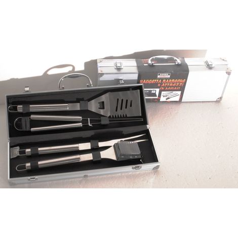 kit valigetta con 4 attrezzi per barbecue in acciaio