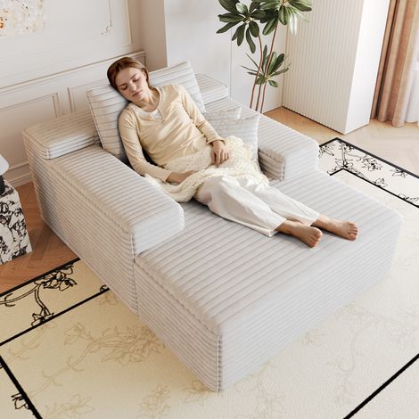 Canapé Convertible 1 places en velours côtelé blanc, Canapé d'Angle Moderne ouverture express avec chaiselongue, assise profonde, boneless modulaire, montage non requis, sans armature (1/5)