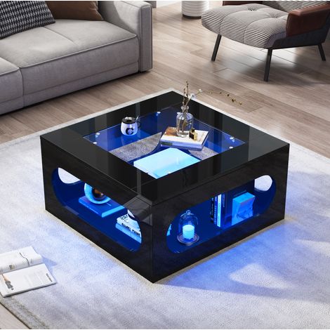 Mesa de centro 70x70x35 cm negra en MDF y vidrio templado con LED, hueco central y almacenamiento (1/5)