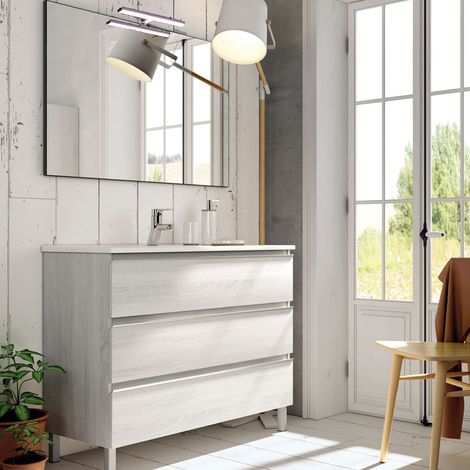 Meuble de salle de bain 100cm simple vasque - 3 tiroirs - hibernian (bois blanchi) - PALMA (1/5)