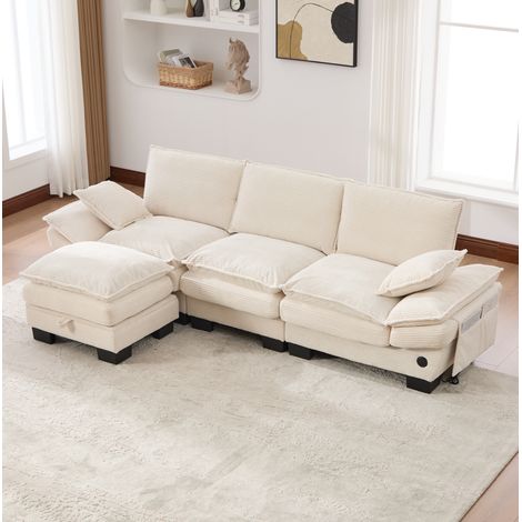 FloraGrace Canapé modulable 3 places avec ottoman, 260x132x84 cm, corduroy beige, USB C, poches latérales (1/5)