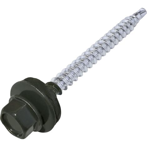 Packung mit 50 selbstbohrenden Schrauben – Anthrazitgrauer Stahl – Integrierte EPDM-Dichtung – Metall-Holz-Verbindung – Für Dach- und Fassadenverkleidungen – Ø 4,8 x 55 mm (1/5)
