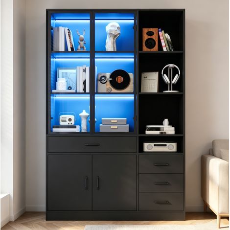Vitrinenschrank mit LED 120x35x200 cm 4 Schubladen Schwarz OKMYHOME (1/5)