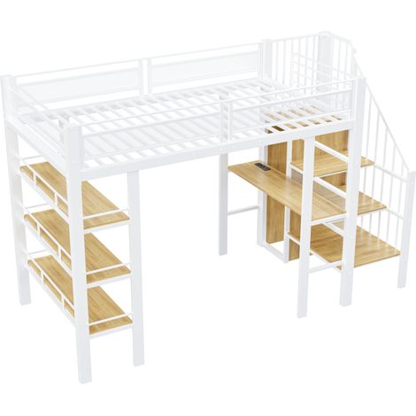 Letto a soppalco 90x200 cm con LED, presa, scrivania, scala contenitore e libreria bianco (1/5)