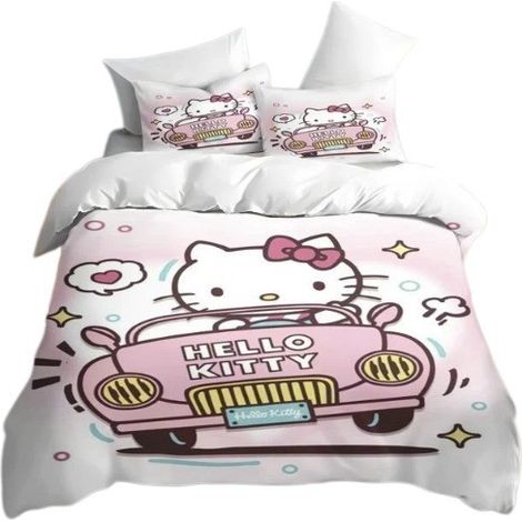 Parure de lit Hello Kitty de Sanrio, imprimé rose mignon, microfibre, linge de lit enfant, 135 x 200 cm (lit simple/double/queen). (1/5)