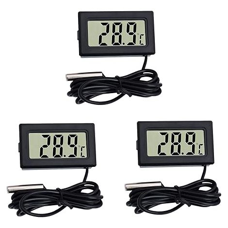 3 x Mini-LCD-Digital-Thermometer, Hygrometer, Temperatur- und Luftfeuchtigkeitstester mit externem Sensor für Auto/Kühlschrank/Aquarium/Aquarium/Raum (3 Stück, schwarz)