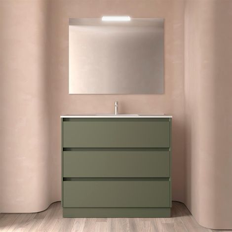 Ensemble complet Noja 1000 3 tiroirs GREEN SATIN + meuble-lavabo + miroir + éclairage (1/4)
