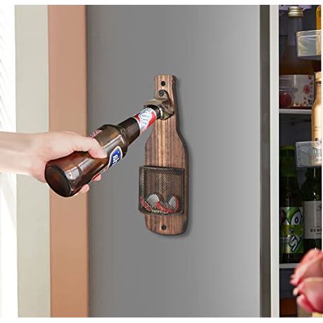 Retro-Flaschenöffner aus Holz zur Wandmontage mit Kronkorkenauffangbehälter, ideal für Bierliebhaber. (1/5)