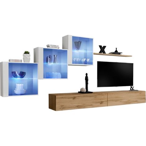 Composición mural SWITCH XX – Doble mueble para TV, cubos con vidrio LED y estante – Roble Wotan y blanco brillante – Diseño moderno
