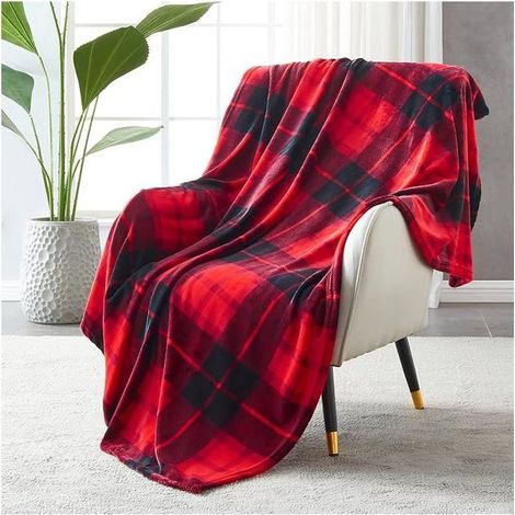 Couverture Plaid Polaire Lit pour Canapé en Molleton, Couverture Jeté en Flanelle à Carreaux Toute Saison 150 x 200 cm, Rouge (1/5)