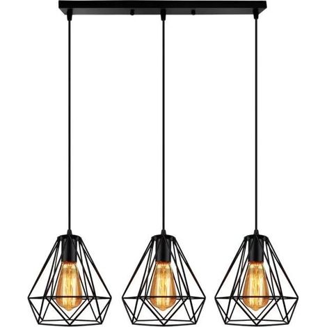 Lustre Suspension Industriel Cage forme Diamant Ø20cm Noir, Lustre Abat-Jour Eclairage de Plafond 3 Edison Culot E27 Lampe pour (1/4)