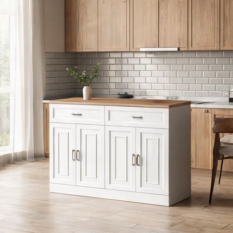 Buffet bas blanc 4 portes 2 tiroirs bois 120 x 35 x 80,5 cm (1/5)