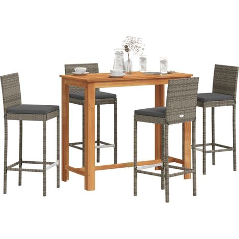 5-tlg. Gartenbar-Set Grau Massivholz Akazie und Poly Rattan