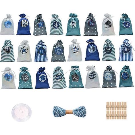 Set mit 24 wiederverwendbaren Stoffgeschenktüten für den Adventskalender mit Kordelzug. (1/5)