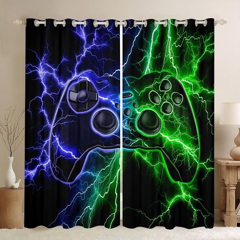 Rideau Occultant 117x137 cm Gamer, Rideau Jeu, Rideaux Voilage Jeux Game Garçon, Voilage Fenetre Bleu Vert Lightning pour Chambre Salon - 117L X 137H cm (2 Panneaux) (1/5)