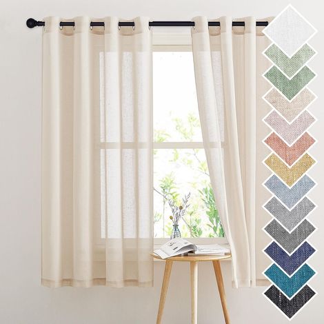 Rideaux Voilage - Décoration de Fenêtre Voilages Rideaux Voile en Lin Effet Demi Transparent avec Oeillets Draperies Décor pour Cuisine, 140 x 160 cm, Beige, Lot de 2 (1/5)