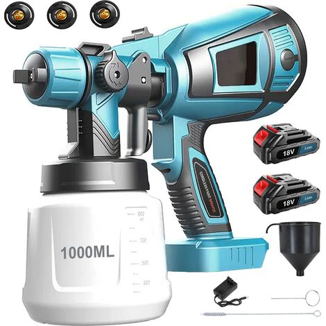 Pistole a spruzzo da giardino, pistola a spruzzo per vernice senza fili da 1000 ml, pistole a spruzzo HVLP + 2 batterie da 3,0 A + caricabatterie, compatibili con la batteria Makita