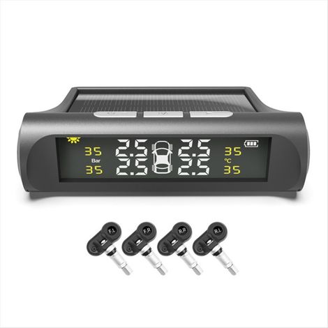 Sistema intelligente di monitoraggio della pressione degli pneumatici (TPMS) per automobili, alimentato a energia solare.