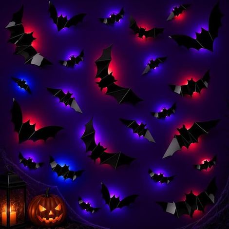 Décoration d'Halloween extérieure : 12 chauves-souris lumineuses 3D pour portes et fenêtres Comprend 12 lumières LED et des pastilles adhésives (12 pièces) (1/5)