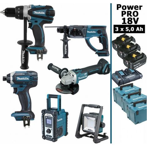 Pack Makita Power PRO 6 outils 18V: DDF458 + DTD152 + DGA504 + DHR202 + DMR108 + Projecteur + 3 batt 5Ah + 3 Coffrets (1/5)