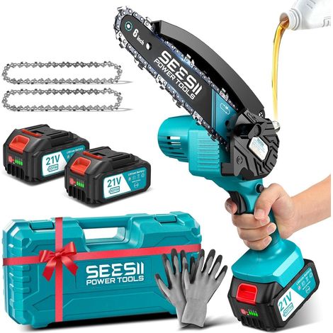 Mini Tronçonneuse à Batterie 2x4000mAh, 6 Pouces Tronçonneuse Électrique sans Fil avec Injecteur de Lubrifiant et Chaîne de Remplacement, Mini Scie à Chaîne Électrique pour Jardin, M6 Pro (1/5)