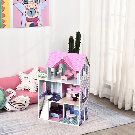 HOMCOM 3-stöckiges Puppenhaus aus Holz mit Garten, 86 x 30 x 87 cm, 13-teiliges Möbel- und Zubehörset, niedliches Design, rosa Puppenhaus aus Holz (1/5)