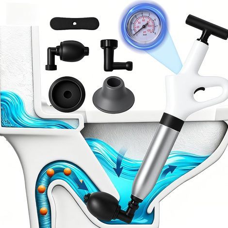 Deboucheur à Pompe Comprimé –Ventouse Deboucheur WC pour Toilettes, Lavabo, Baignoire et Canalisations – avec Kit 3 Têtes de Piston et Gonfleur (1/5)