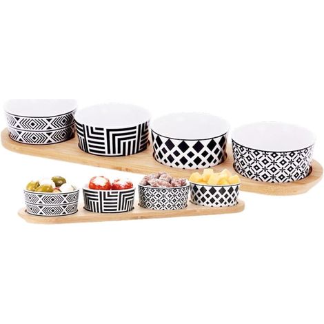Cuencos para aperitivos en blanco y negro, 4 unidades + bandeja (1/2)