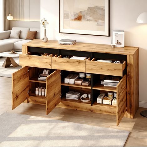 Sideboard 140 x 35 x 70 cm aus Spanplatte, Naturholzfarbe, mit 3 Schubladen HAVRYA (1/5)