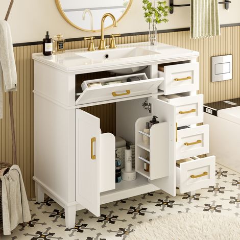 Mobile bagno sottolavabo bianco 91 x 46,5 x 86,4 cm con lavabo in ceramica integrato (1/5)