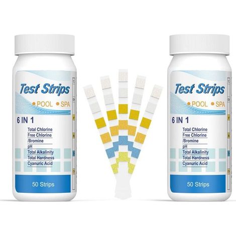 6 en 1 Bandelettes Piscine Brome Spa, Languettes Ph Piscine Bandes Test Qualité d'eau sur Chlore Brome Alcalinité Acide Cyanurique Dureté du Liquide Testeur Générale (100pcs) (1/5)