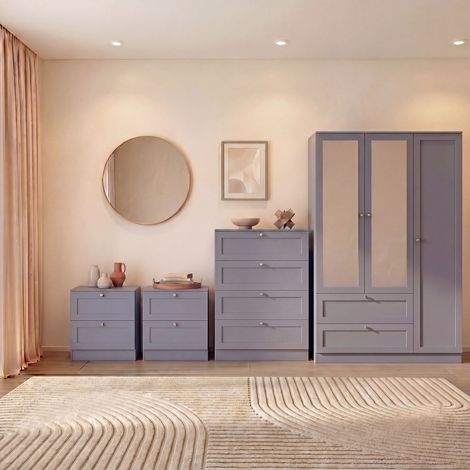 Altino 4 Piece Bedroom Set with 2 Drawer Bedside, Set of 2, 4 Drawer Chest, 3 Door 2 Drawer Wardrobe, Grey (1/4)