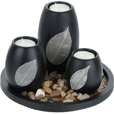 Porte-Bougies avec Plateau Rond, bougeoir, Pierres décoratives, 19,5 cm, déco Salon, Chambre, Noir/Marron (1/5)