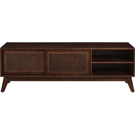 Meuble tv meuble de salon bois clair style mid-century modern portes en rotin pieds en bois massif teinte bois clair (1/5)