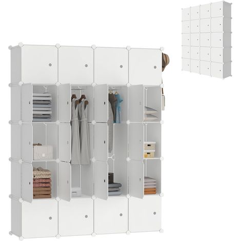 Armoire polyvalente DIY, système de rangement en plastique, placard de chambre avec porte, étagère à emboîter anti-poussière avec 20 cubes et tringle à vêtements (Laiteux)