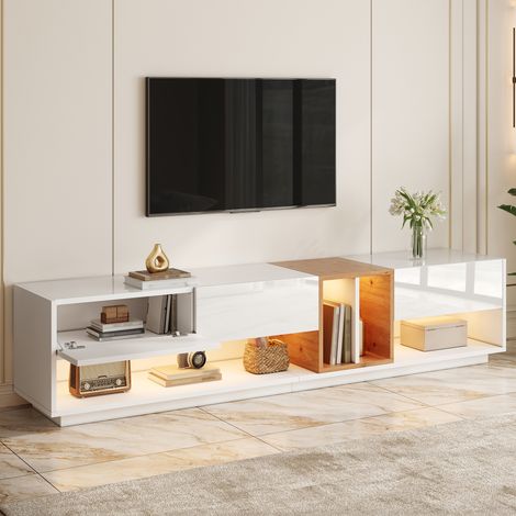 Modernluxe - Meuble TV moderne 190x38x42 cm - Éclairage LED - Surface brillante - 2 portes abattantes - Panneaux de particules - Blanc (1/5)
