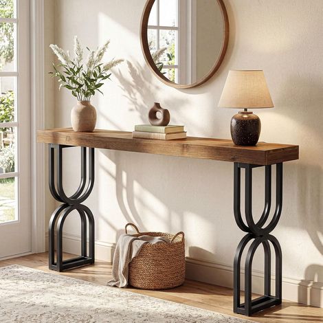 Tribesigns Table Console en Bois Massif 150 cm, Petite Table d'entrée Style Industriel avec Pieds métalliques, Table étroite derrière Le canapé pour Salon, entrée, Couleur Marron