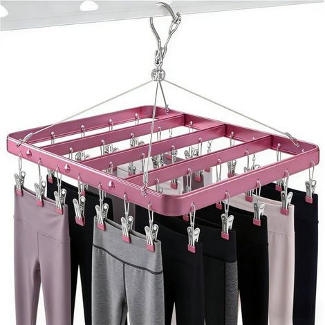 BelleRise - Étendoir à Linge en métal avec 36 Clips, Crochet Coupe-Vent, Pince à Linge Pliable pour Chaussettes, Soutien-Gorge(Rose) (1/5)