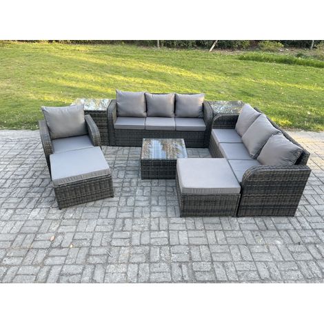 Fimous 9 places Salon de jardin exterieur avec Canapés Table basse carrée Chaise inclinable 2 Grand tabourets 2 Tables d'appoint Gris foncé mixte (1/5)