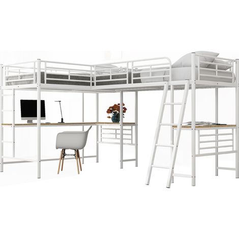Lit mezzanine 90 x 200 cm avec bureau intégré, double escalier et garde-corps haut, structure métal et MDF, blanc, gain de place pour chambre d'enfant CHICFURN (1/5)