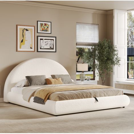 Cama con canapé abatible 160x200 cm con somier y cabecero Bouclé blanco OKMYHOME (1/5)