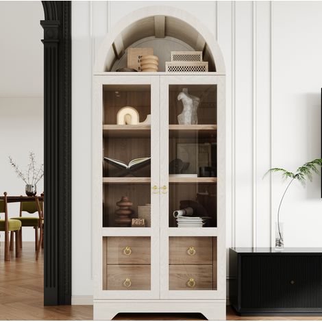 Weißes Highboard mit Glastüren, verstellbaren Einlegeböden und 2 Schubladen, 76,2 x 40,1 x 180 cm (1/5)