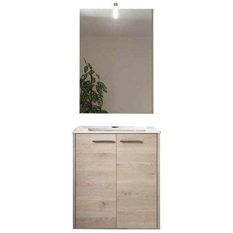 Mobile da bagno - Larghezza 600mm - Rovere naturale - Set completo: mobile sospeso 2 ante + lavabo + specchio singolo + applique LED - CIT/ELS/S/600/C