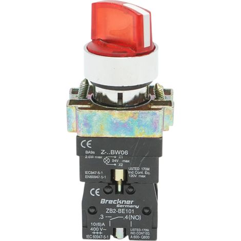 Selettore a 2 posizioni con blocco e indicatore di segnalazione LED rosso 1NO+1NC, 24V, LAY5 Breckner Germany (1/4)