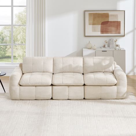 Canapé Modulable 3 Places Chenille Beige - Assise Profonde, Canapé Droit Confortable pour Salon et Appartement, Moderne Sans Montage
