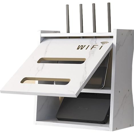 Étagère de Routeur Murales, Boîte de Rangement pour routeur WiFi, Support de Stockage WiFi en Bois, Flottantes Meuble TV Rack, Box Internet(White) (1/5)