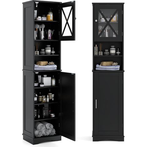 COSTWAY Mobile Bagno 40 x 30 x 170,5cm, Armadietto a Colonna Stretto e Alto con 5 Ripiani Regolabili e 2 Porte, Armadio da Terra in Legno per Soggiorno, Camera da Letto, Salotto e Cucina (Nero) (1/5)