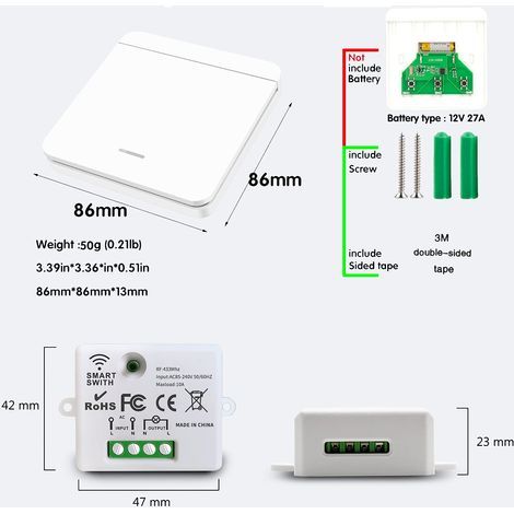 CCYKXA  Wireless light switch, RF transmitter safety switch and 10A receiver controller, easy installation for lamps up to 1500W