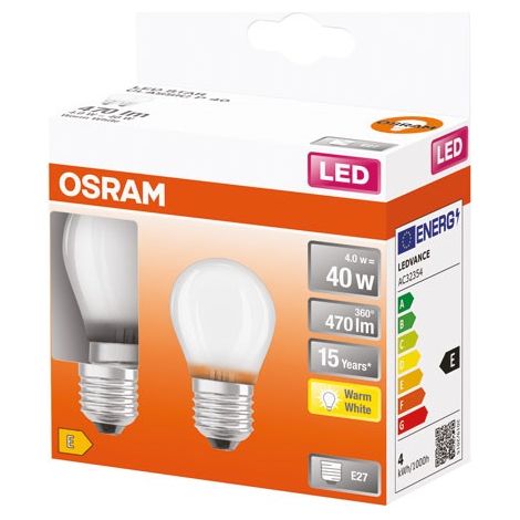 Sfera LED Vetro Opaco 4W E27 Caldo Confezione 2 - Osram