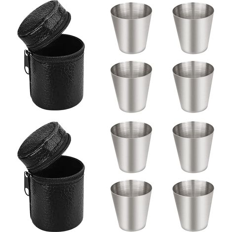 8 pièces Portable Shooter Verre à Liqueur, Mini Tasse à Bière,Verre à Shot en Acier Inoxydable,Mini Metal Gobelets,Empilables Gobelet Inox Gobelet avec étui en Cuir pour Voyage Extérieur (1/5)